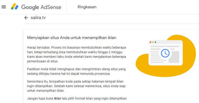 Hari ini, Kamis 14 Oktober 2021, Situs Salira.TV Didaftarkan ke Google Adsense for Website