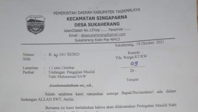 Undangan Pengajian Maulid Nabi Muhammad SAW di Aula Desa Sukaherang