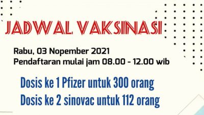 Jadwal Vaksinasi 03 Nop 2021 di Desa Sukaherang Singaparna