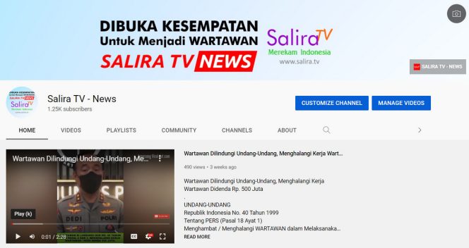 Inilah Daftar Channel YouTube yang Dikelola oleh Media Online SALIRA TV