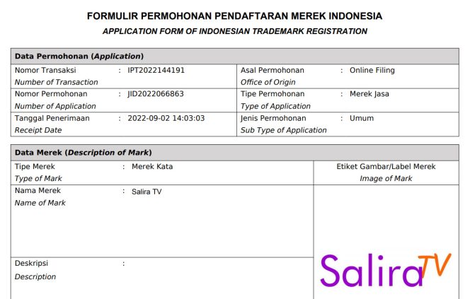 Mendaftarkan Merk Salira TV ke Direktorat Jenderal Kekayaan Intelektual (DJKI) – 02 September 2022