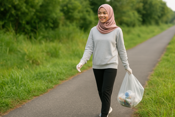 Ilustrasi Program Acara Salira TV Plogging: Jalan Santai / Lari Kecil sambil mungut sampah yang ditemukan di pinggir jalan yang dilewati.
