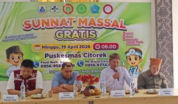 Jajaran pimpinan lintas sektor saat pembukaan Sunatan Massal Gratis di Puskesmas Citorek, Lebak, Minggu (19/4/2026). Kolaborasi antara Puskesmas, Pemdes Citorek Barat, dan Amprak Citorek ini menjadi bukti nyata hadirnya pelayanan kesehatan yang menyentuh langsung masyarakat desa.