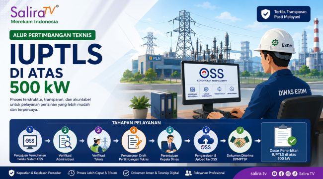 Infografis Salira TV: Alur Pertimbangan Teknis IUPTLS di atas 500 kW yang dilaksanakan Dinas ESDM melalui Sistem OSS sebagai bagian dari proses pelayanan perizinan penyediaan tenaga listrik untuk kepentingan sendiri.